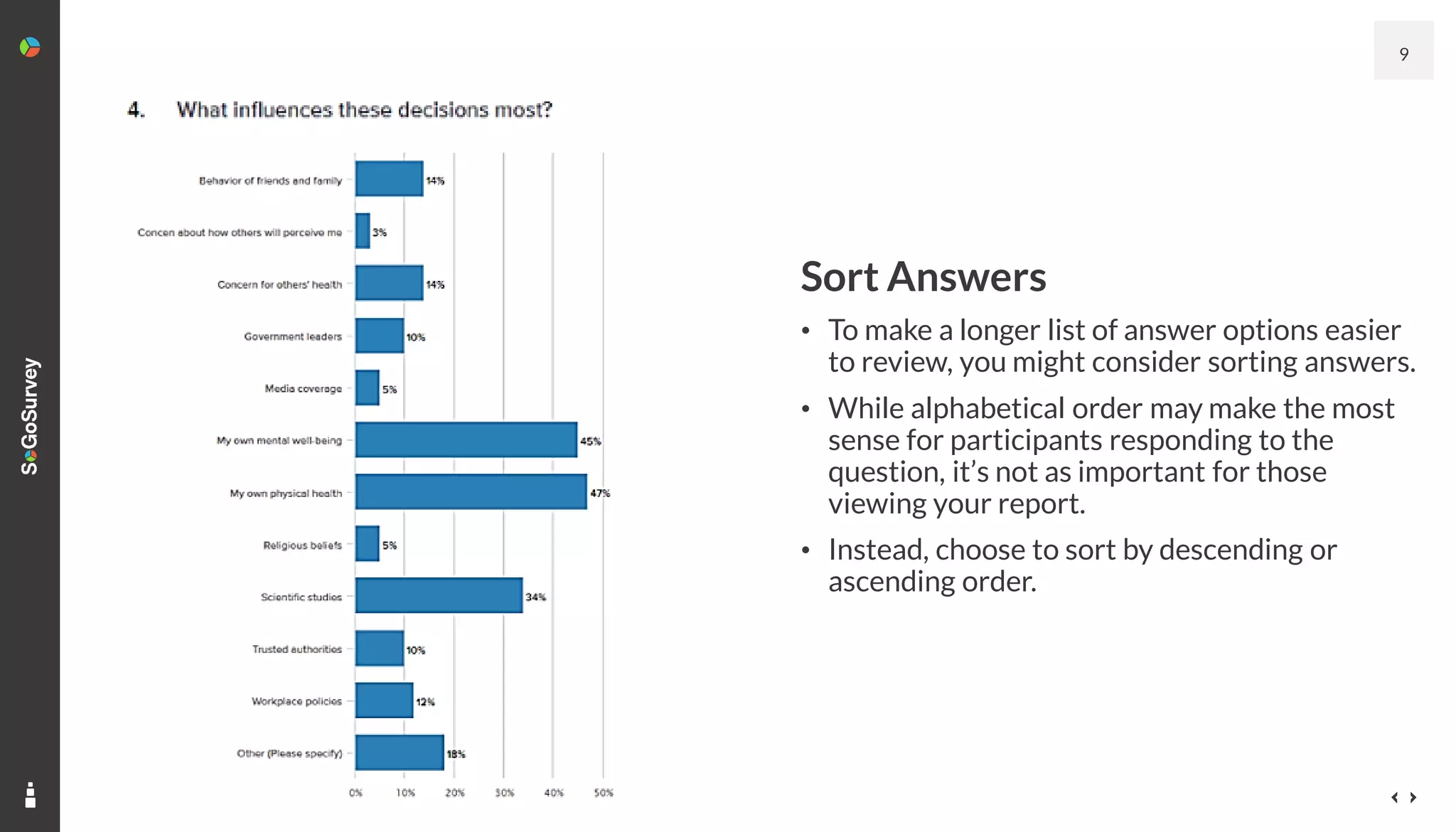 Sort Answers
• To make a longer list of answer options easier
to review, you might consider sorting answers.
• While alphabetical order may make the most
sense for participants responding to the
question, it’s not as important for those
viewing your report.
• Instead, choose to sort by descending or
ascending order.
9
 
