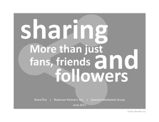 sharing	
  
 fans,	
  friends	
  	
  and	
  
 More	
  than	
  just	
  

        followers	
  
   ShareThis	
  	
  	
  	
  |	
  	
  	
  	
  Rubinson	
  Partners,	
  Inc.	
  	
  	
  	
  |	
  	
  	
  	
  Starcom	
  MediaVest	
  Group	
  	
  	
  	
  	
  	
  	
  
                                                                    June	
  2011	
  
                                                                                                                                                                ©	
  2011	
  ShareThis,	
  Inc.	
  
 