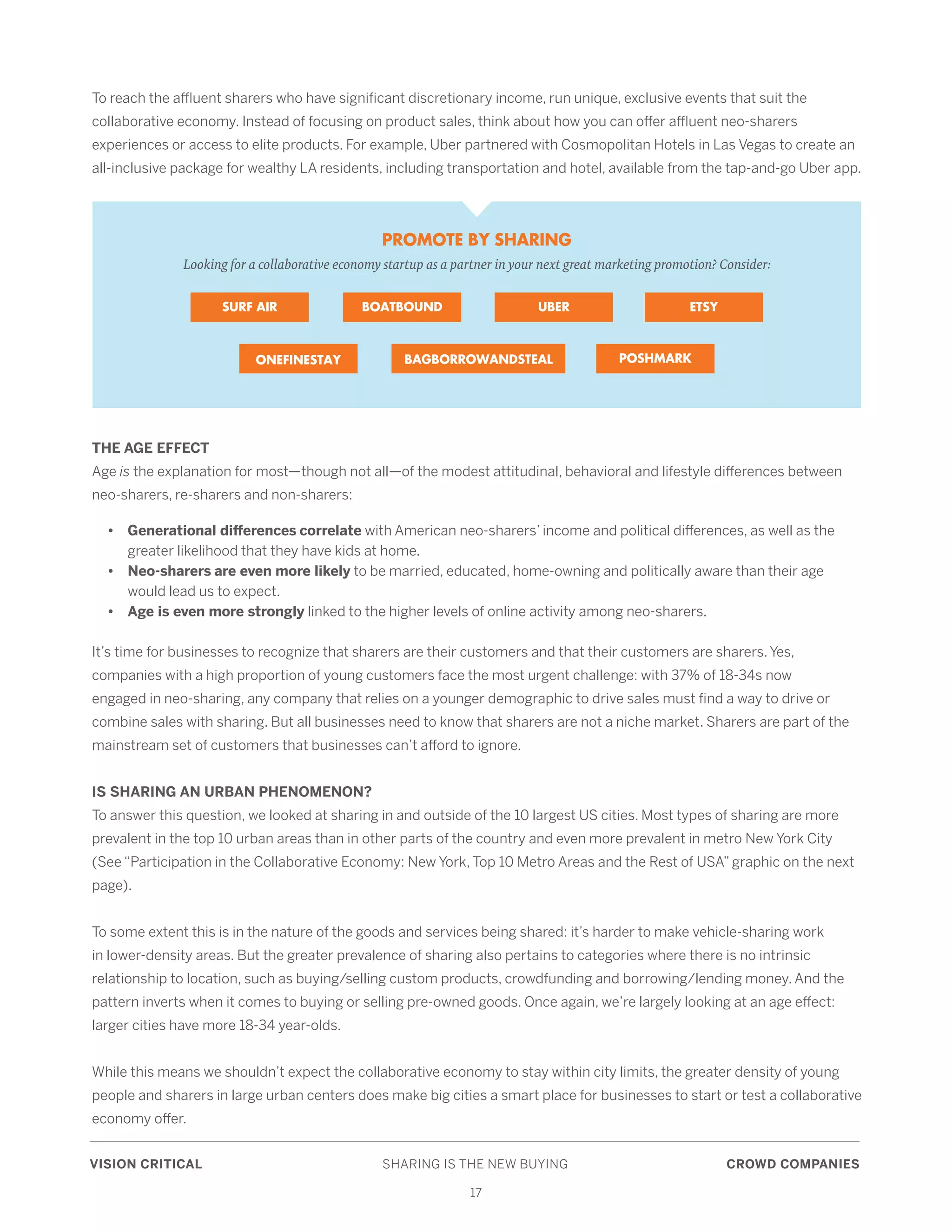 VISION CRITICAL	 SHARING IS THE NEW BUYING	 CROWD COMPANIES
17
To reach the affluent sharers who have significant discretionary income, run unique, exclusive events that suit the
collaborative economy. Instead of focusing on product sales, think about how you can offer affluent neo-sharers
experiences or access to elite products. For example, Uber partnered with Cosmopolitan Hotels in Las Vegas to create an
all-inclusive package for wealthy LA residents, including transportation and hotel, available from the tap-and-go Uber app.
THE AGE EFFECT
Age is the explanation for most—though not all—of the modest attitudinal, behavioral and lifestyle differences between
neo-sharers, re-sharers and non-sharers:
	 • 	 Generational differences correlate with American neo-sharers’ income and political differences, as well as the 	
		 greater likelihood that they have kids at home.
	 • 	 Neo-sharers are even more likely to be married, educated, home-owning and politically aware than their age 	
		 would lead us to expect.
	 •	 Age is even more strongly linked to the higher levels of online activity among neo-sharers.
It’s time for businesses to recognize that sharers are their customers and that their customers are sharers. Yes,
companies with a high proportion of young customers face the most urgent challenge: with 37% of 18-34s now
engaged in neo-sharing, any company that relies on a younger demographic to drive sales must find a way to drive or
combine sales with sharing. But all businesses need to know that sharers are not a niche market. Sharers are part of the
mainstream set of customers that businesses can’t afford to ignore.
IS SHARING AN URBAN PHENOMENON?
To answer this question, we looked at sharing in and outside of the 10 largest US cities. Most types of sharing are more
prevalent in the top 10 urban areas than in other parts of the country and even more prevalent in metro New York City
(See “Participation in the Collaborative Economy: New York, Top 10 Metro Areas and the Rest of USA” graphic on the next
page).
To some extent this is in the nature of the goods and services being shared: it’s harder to make vehicle-sharing work
in lower-density areas. But the greater prevalence of sharing also pertains to categories where there is no intrinsic
relationship to location, such as buying/selling custom products, crowdfunding and borrowing/lending money. And the
pattern inverts when it comes to buying or selling pre-owned goods. Once again, we’re largely looking at an age effect:
larger cities have more 18-34 year-olds.
While this means we shouldn’t expect the collaborative economy to stay within city limits, the greater density of young
people and sharers in large urban centers does make big cities a smart place for businesses to start or test a collaborative
economy offer.
PROMOTE BY SHARING
Looking for a collaborative economy startup as a partner in your next great marketing promotion? Consider:
SURF AIR ETSYUBERBOATBOUND
BAGBORROWANDSTEALONEFINESTAY POSHMARK
 