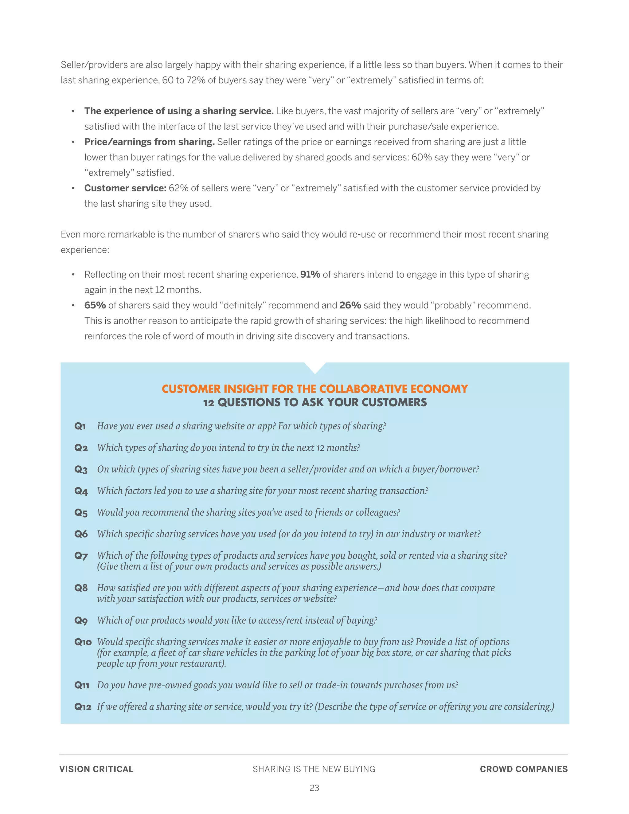 VISION CRITICAL	 SHARING IS THE NEW BUYING	 CROWD COMPANIES
23
Seller/providers are also largely happy with their sharing experience, if a little less so than buyers. When it comes to their
last sharing experience, 60 to 72% of buyers say they were “very” or “extremely” satisfied in terms of:
	•	The experience of using a sharing service. Like buyers, the vast majority of sellers are “very” or “extremely” 	
		 satisfied with the interface of the last service they’ve used and with their purchase/sale experience.
	•	Price/earnings from sharing. Seller ratings of the price or earnings received from sharing are just a little 		
		 lower than buyer ratings for the value delivered by shared goods and services: 60% say they were “very” or 		
		 “extremely” satisfied.
	•	 Customer service: 62% of sellers were “very” or “extremely” satisfied with the customer service provided by 	
		 the last sharing site they used.
Even more remarkable is the number of sharers who said they would re-use or recommend their most recent sharing
experience:
	 •	 Reflecting on their most recent sharing experience, 91% of sharers intend to engage in this type of sharing 		
		 again in the next 12 months.
	• 	 65% of sharers said they would “definitely” recommend and 26% said they would “probably” recommend. 		
		 This is another reason to anticipate the rapid growth of sharing services: the high likelihood to recommend 		
		 reinforces the role of word of mouth in driving site discovery and transactions.
CUSTOMER INSIGHT FOR THE COLLABORATIVE ECONOMY
12 QUESTIONS TO ASK YOUR CUSTOMERS
Q1	 Have you ever used a sharing website or app? For which types of sharing?
Q2	 Which types of sharing do you intend to try in the next 12 months?
Q3	 On which types of sharing sites have you been a seller/provider and on which a buyer/borrower?
Q4	 Which factors led you to use a sharing site for your most recent sharing transaction?
Q5	 Would you recommend the sharing sites you’ve used to friends or colleagues?
Q6	 Which specific sharing services have you used (or do you intend to try) in our industry or market?
Q7	 Which of the following types of products and services have you bought, sold or rented via a sharing site?
	 (Give them a list of your own products and services as possible answers.)
Q8	 How satisfied are you with different aspects of your sharing experience—and how does that compare
	 with your satisfaction with our products, services or website?
Q9	 Which of our products would you like to access/rent instead of buying?
Q10	 Would specific sharing services make it easier or more enjoyable to buy from us? Provide a list of options 			
	 (for example, a fleet of car share vehicles in the parking lot of your big box store, or car sharing that picks 			
	 people up from your restaurant).
Q11	 Do you have pre-owned goods you would like to sell or trade-in towards purchases from us?
Q12	 If we offered a sharing site or service, would you try it? (Describe the type of service or offering you are considering.)
 
