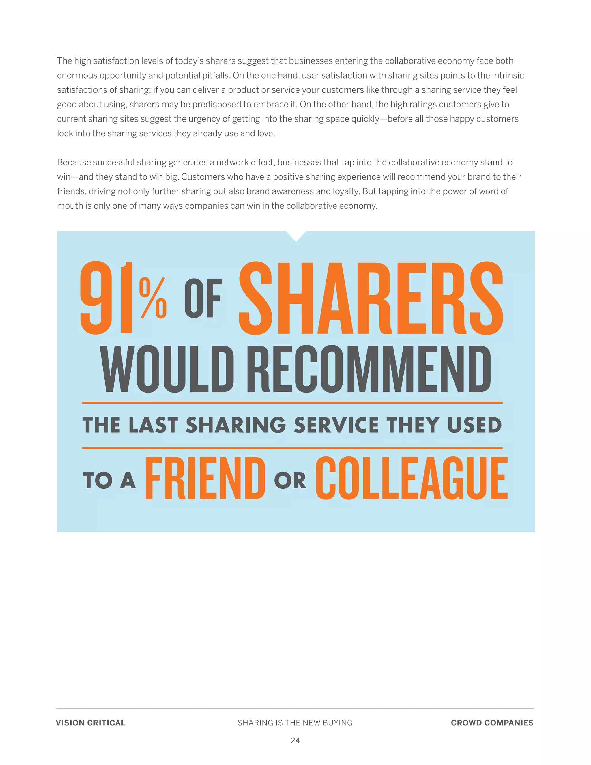 VISION CRITICAL	 SHARING IS THE NEW BUYING	 CROWD COMPANIES
24
The high satisfaction levels of today’s sharers suggest that businesses entering the collaborative economy face both
enormous opportunity and potential pitfalls. On the one hand, user satisfaction with sharing sites points to the intrinsic
satisfactions of sharing: if you can deliver a product or service your customers like through a sharing service they feel
good about using, sharers may be predisposed to embrace it. On the other hand, the high ratings customers give to
current sharing sites suggest the urgency of getting into the sharing space quickly—before all those happy customers
lock into the sharing services they already use and love.
Because successful sharing generates a network effect, businesses that tap into the collaborative economy stand to
win—and they stand to win big. Customers who have a positive sharing experience will recommend your brand to their
friends, driving not only further sharing but also brand awareness and loyalty. But tapping into the power of word of
mouth is only one of many ways companies can win in the collaborative economy.
TO A FRIENDOR COLLEAGUE
THE LAST SHARING SERVICE THEY USED
WOULDRECOMMEND
91% OF SHARERS
 