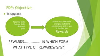 FDP: Objective
 To Upgrade
REWARDS…………….. IN WHICH FORM
WHAT TYPE OF REWARDS???????
So that You match the
changing turbulent
environment and in turn
it fetches you
Rewards
Teaching Skills
Training Skills
Research
skills
 