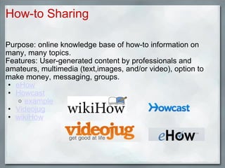 How-to Sharing Purpose: online knowledge base of how-to information on many, many topics. Features: User-generated content by professionals and amateurs, multimedia (text,images, and/or video), option to make money, messaging, groups. eHow Howcast example   Videojug wikiHow 