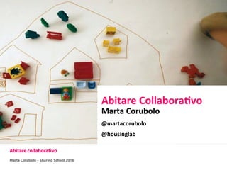 Abitare collaborativo
Marta Corubolo – Sharing School 2016
Abitare	
  Collabora,vo	
  
Marta	
  Corubolo	
  
@martacorubolo	
  
@housinglab	
  
 