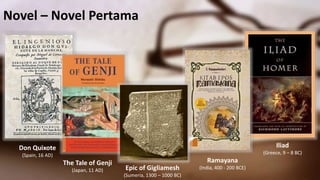 Novel – Novel Pertama
The Tale of Genji
(Japan, 11 AD)
Iliad
(Greece, 9 – 8 BC)
Ramayana
(India, 400 - 200 BCE)
Don Quixote
(Spain, 16 AD)
Epic of Gigliamesh
(Sumeria, 1300 – 1000 BC)
 