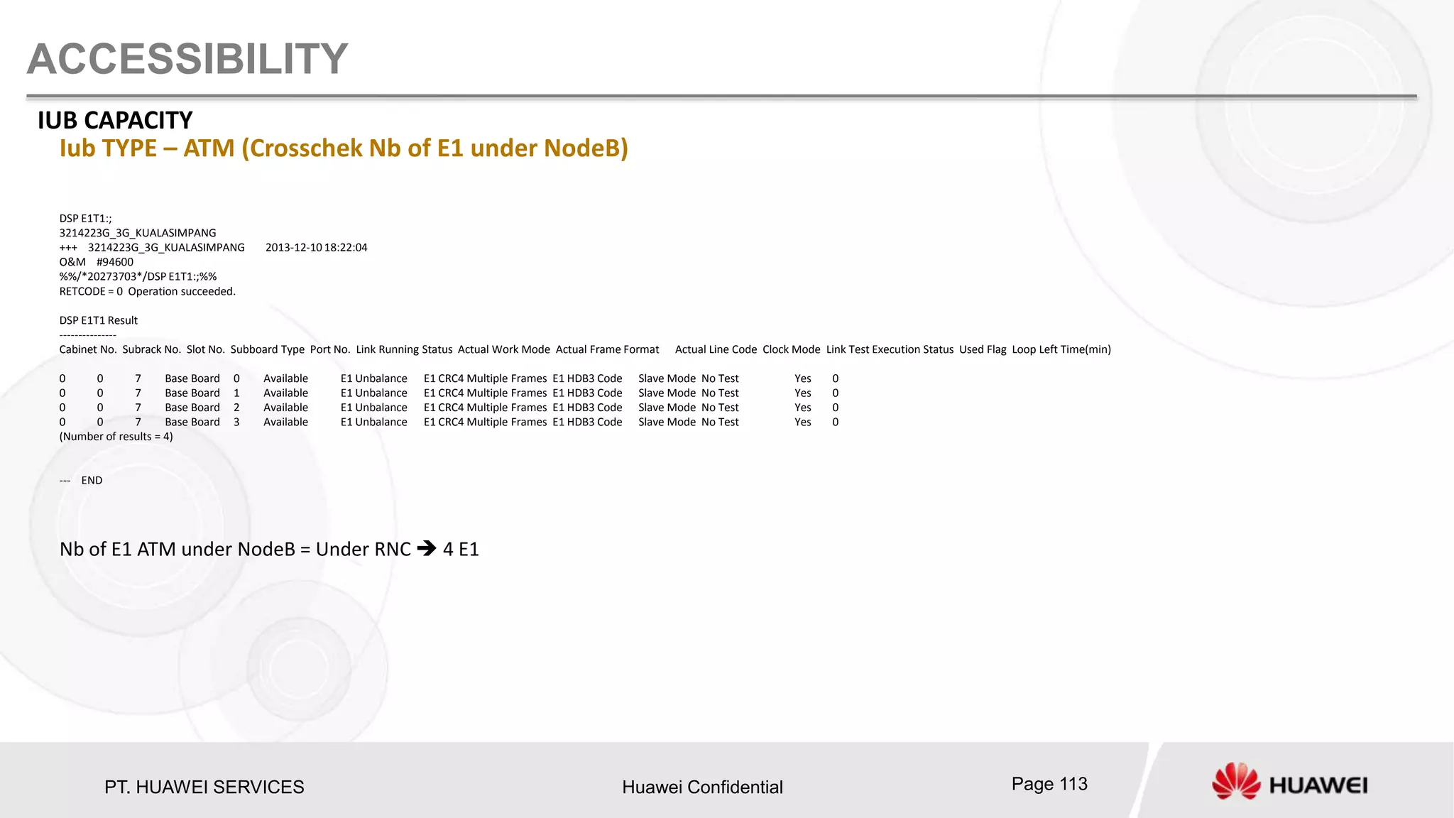 PT. HUAWEI SERVICES Huawei Confidential Page 113
ACCESSIBILITY
IUB CAPACITY
Iub TYPE – ATM (Crosschek Nb of E1 under NodeB)
DSP E1T1:;
3214223G_3G_KUALASIMPANG
+++ 3214223G_3G_KUALASIMPANG 2013-12-10 18:22:04
O&M #94600
%%/*20273703*/DSP E1T1:;%%
RETCODE = 0 Operation succeeded.
DSP E1T1 Result
---------------
Cabinet No. Subrack No. Slot No. Subboard Type Port No. Link Running Status Actual Work Mode Actual Frame Format Actual Line Code Clock Mode Link Test Execution Status Used Flag Loop Left Time(min)
0 0 7 Base Board 0 Available E1 Unbalance E1 CRC4 Multiple Frames E1 HDB3 Code Slave Mode No Test Yes 0
0 0 7 Base Board 1 Available E1 Unbalance E1 CRC4 Multiple Frames E1 HDB3 Code Slave Mode No Test Yes 0
0 0 7 Base Board 2 Available E1 Unbalance E1 CRC4 Multiple Frames E1 HDB3 Code Slave Mode No Test Yes 0
0 0 7 Base Board 3 Available E1 Unbalance E1 CRC4 Multiple Frames E1 HDB3 Code Slave Mode No Test Yes 0
(Number of results = 4)
--- END
Nb of E1 ATM under NodeB = Under RNC  4 E1
 