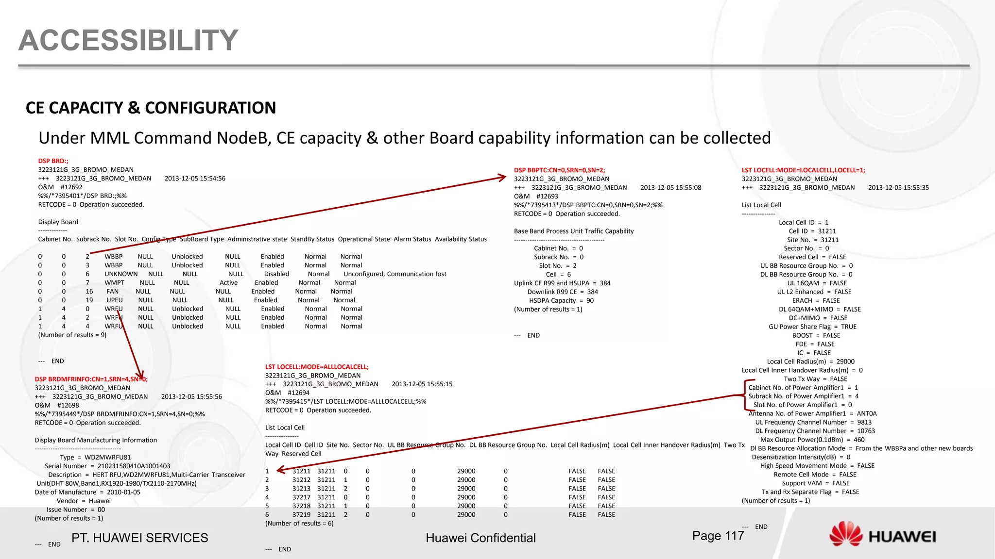 PT. HUAWEI SERVICES Huawei Confidential Page 117
ACCESSIBILITY
CE CAPACITY & CONFIGURATION
Under MML Command NodeB, CE capacity & other Board capability information can be collected
DSP BRD:;
3223121G_3G_BROMO_MEDAN
+++ 3223121G_3G_BROMO_MEDAN 2013-12-05 15:54:56
O&M #12692
%%/*7395401*/DSP BRD:;%%
RETCODE = 0 Operation succeeded.
Display Board
-------------
Cabinet No. Subrack No. Slot No. Config Type SubBoard Type Administrative state StandBy Status Operational State Alarm Status Availability Status
0 0 2 WBBP NULL Unblocked NULL Enabled Normal Normal
0 0 3 WBBP NULL Unblocked NULL Enabled Normal Normal
0 0 6 UNKNOWN NULL NULL NULL Disabled Normal Unconfigured, Communication lost
0 0 7 WMPT NULL NULL Active Enabled Normal Normal
0 0 16 FAN NULL NULL NULL Enabled Normal Normal
0 0 19 UPEU NULL NULL NULL Enabled Normal Normal
1 4 0 WRFU NULL Unblocked NULL Enabled Normal Normal
1 4 2 WRFU NULL Unblocked NULL Enabled Normal Normal
1 4 4 WRFU NULL Unblocked NULL Enabled Normal Normal
(Number of results = 9)
--- END
DSP BBPTC:CN=0,SRN=0,SN=2;
3223121G_3G_BROMO_MEDAN
+++ 3223121G_3G_BROMO_MEDAN 2013-12-05 15:55:08
O&M #12693
%%/*7395413*/DSP BBPTC:CN=0,SRN=0,SN=2;%%
RETCODE = 0 Operation succeeded.
Base Band Process Unit Traffic Capability
-----------------------------------------
Cabinet No. = 0
Subrack No. = 0
Slot No. = 2
Cell = 6
Uplink CE R99 and HSUPA = 384
Downlink R99 CE = 384
HSDPA Capacity = 90
(Number of results = 1)
--- END
DSP BRDMFRINFO:CN=1,SRN=4,SN=0;
3223121G_3G_BROMO_MEDAN
+++ 3223121G_3G_BROMO_MEDAN 2013-12-05 15:55:56
O&M #12698
%%/*7395449*/DSP BRDMFRINFO:CN=1,SRN=4,SN=0;%%
RETCODE = 0 Operation succeeded.
Display Board Manufacturing Information
---------------------------------------
Type = WD2MWRFU81
Serial Number = 210231580410A1001403
Description = HERT RFU,WD2MWRFU81,Multi-Carrier Transceiver
Unit(DHT 80W,Band1,RX1920-1980/TX2110-2170MHz)
Date of Manufacture = 2010-01-05
Vendor = Huawei
Issue Number = 00
(Number of results = 1)
--- END
LST LOCELL:MODE=LOCALCELL,LOCELL=1;
3223121G_3G_BROMO_MEDAN
+++ 3223121G_3G_BROMO_MEDAN 2013-12-05 15:55:35
List Local Cell
---------------
Local Cell ID = 1
Cell ID = 31211
Site No. = 31211
Sector No. = 0
Reserved Cell = FALSE
UL BB Resource Group No. = 0
DL BB Resource Group No. = 0
UL 16QAM = FALSE
UL L2 Enhanced = FALSE
ERACH = FALSE
DL 64QAM+MIMO = FALSE
DC+MIMO = FALSE
GU Power Share Flag = TRUE
BOOST = FALSE
FDE = FALSE
IC = FALSE
Local Cell Radius(m) = 29000
Local Cell Inner Handover Radius(m) = 0
Two Tx Way = FALSE
Cabinet No. of Power Amplifier1 = 1
Subrack No. of Power Amplifier1 = 4
Slot No. of Power Amplifier1 = 0
Antenna No. of Power Amplifier1 = ANT0A
UL Frequency Channel Number = 9813
DL Frequency Channel Number = 10763
Max Output Power(0.1dBm) = 460
Dl BB Resource Allocation Mode = From the WBBPa and other new boards
Desensitization Intensity(dB) = 0
High Speed Movement Mode = FALSE
Remote Cell Mode = FALSE
Support VAM = FALSE
Tx and Rx Separate Flag = FALSE
(Number of results = 1)
--- END
LST LOCELL:MODE=ALLLOCALCELL;
3223121G_3G_BROMO_MEDAN
+++ 3223121G_3G_BROMO_MEDAN 2013-12-05 15:55:15
O&M #12694
%%/*7395415*/LST LOCELL:MODE=ALLLOCALCELL;%%
RETCODE = 0 Operation succeeded.
List Local Cell
---------------
Local Cell ID Cell ID Site No. Sector No. UL BB Resource Group No. DL BB Resource Group No. Local Cell Radius(m) Local Cell Inner Handover Radius(m) Two Tx
Way Reserved Cell
1 31211 31211 0 0 0 29000 0 FALSE FALSE
2 31212 31211 1 0 0 29000 0 FALSE FALSE
3 31213 31211 2 0 0 29000 0 FALSE FALSE
4 37217 31211 0 0 0 29000 0 FALSE FALSE
5 37218 31211 1 0 0 29000 0 FALSE FALSE
6 37219 31211 2 0 0 29000 0 FALSE FALSE
(Number of results = 6)
--- END
 