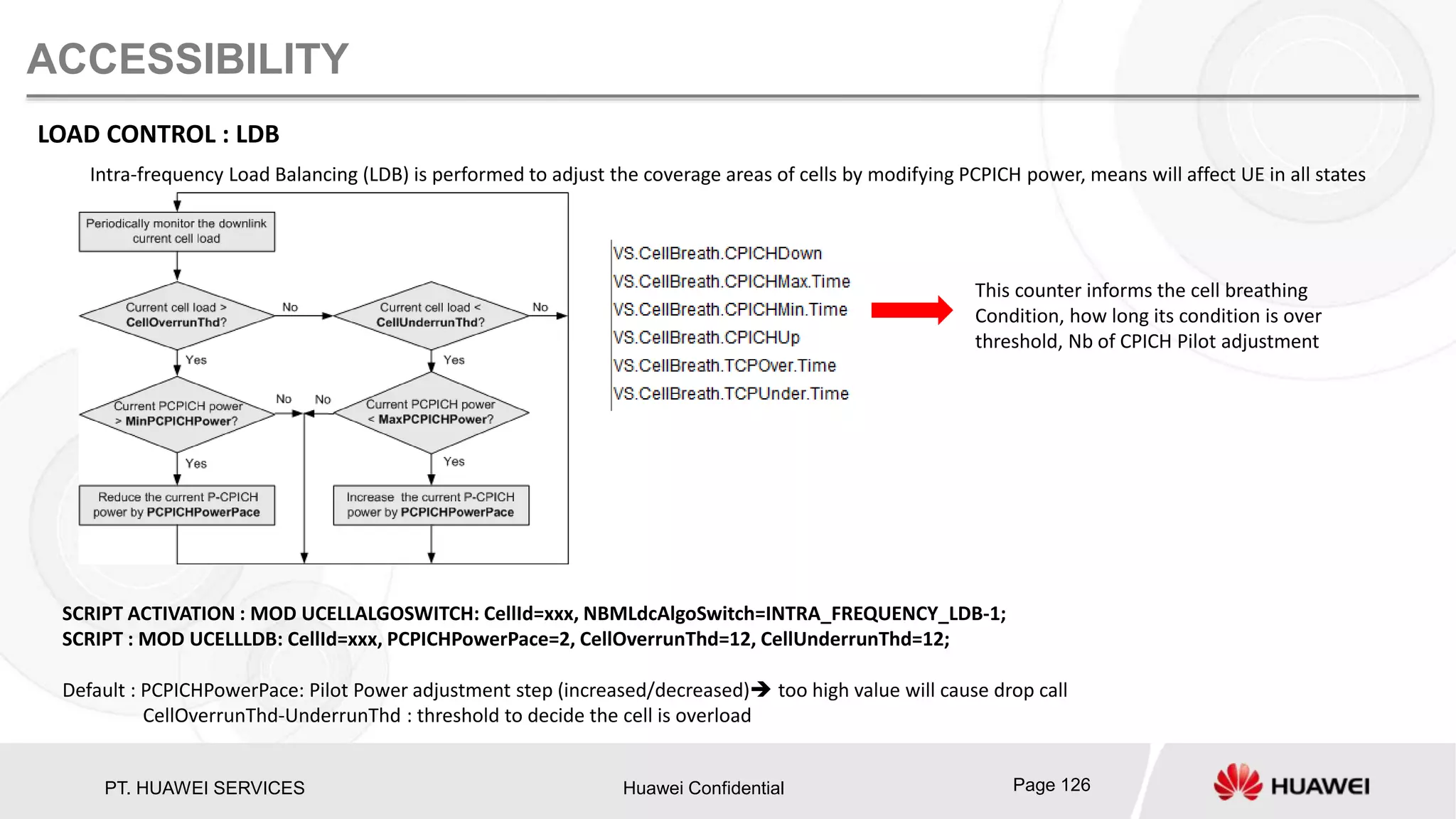 PT. HUAWEI SERVICES Huawei Confidential Page 126
ACCESSIBILITY
LOAD CONTROL : LDB
Intra-frequency Load Balancing (LDB) is performed to adjust the coverage areas of cells by modifying PCPICH power, means will affect UE in all states
SCRIPT ACTIVATION : MOD UCELLALGOSWITCH: CellId=xxx, NBMLdcAlgoSwitch=INTRA_FREQUENCY_LDB-1;
SCRIPT : MOD UCELLLDB: CellId=xxx, PCPICHPowerPace=2, CellOverrunThd=12, CellUnderrunThd=12;
Default : PCPICHPowerPace: Pilot Power adjustment step (increased/decreased) too high value will cause drop call
CellOverrunThd-UnderrunThd : threshold to decide the cell is overload
This counter informs the cell breathing
Condition, how long its condition is over
threshold, Nb of CPICH Pilot adjustment
 