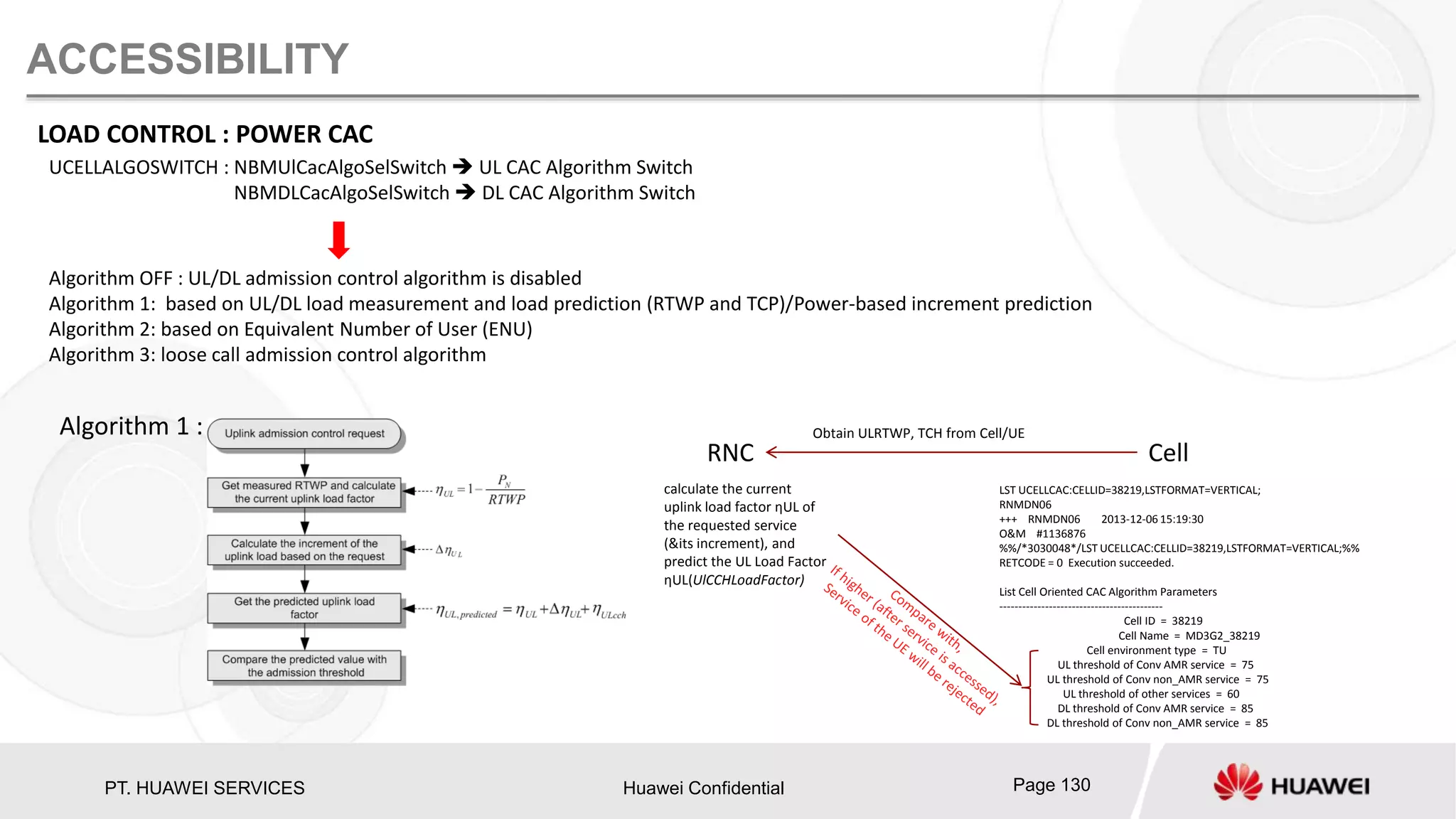 PT. HUAWEI SERVICES Huawei Confidential Page 130
ACCESSIBILITY
LOAD CONTROL : POWER CAC
UCELLALGOSWITCH : NBMUlCacAlgoSelSwitch  UL CAC Algorithm Switch
NBMDLCacAlgoSelSwitch  DL CAC Algorithm Switch
Algorithm OFF : UL/DL admission control algorithm is disabled
Algorithm 1: based on UL/DL load measurement and load prediction (RTWP and TCP)/Power-based increment prediction
Algorithm 2: based on Equivalent Number of User (ENU)
Algorithm 3: loose call admission control algorithm
Algorithm 1 :
RNC Cell
Obtain ULRTWP, TCH from Cell/UE
calculate the current
uplink load factor ηUL of
the requested service
(&its increment), and
predict the UL Load Factor
ηUL(UlCCHLoadFactor)
LST UCELLCAC:CELLID=38219,LSTFORMAT=VERTICAL;
RNMDN06
+++ RNMDN06 2013-12-06 15:19:30
O&M #1136876
%%/*3030048*/LST UCELLCAC:CELLID=38219,LSTFORMAT=VERTICAL;%%
RETCODE = 0 Execution succeeded.
List Cell Oriented CAC Algorithm Parameters
-------------------------------------------
Cell ID = 38219
Cell Name = MD3G2_38219
Cell environment type = TU
UL threshold of Conv AMR service = 75
UL threshold of Conv non_AMR service = 75
UL threshold of other services = 60
DL threshold of Conv AMR service = 85
DL threshold of Conv non_AMR service = 85
 