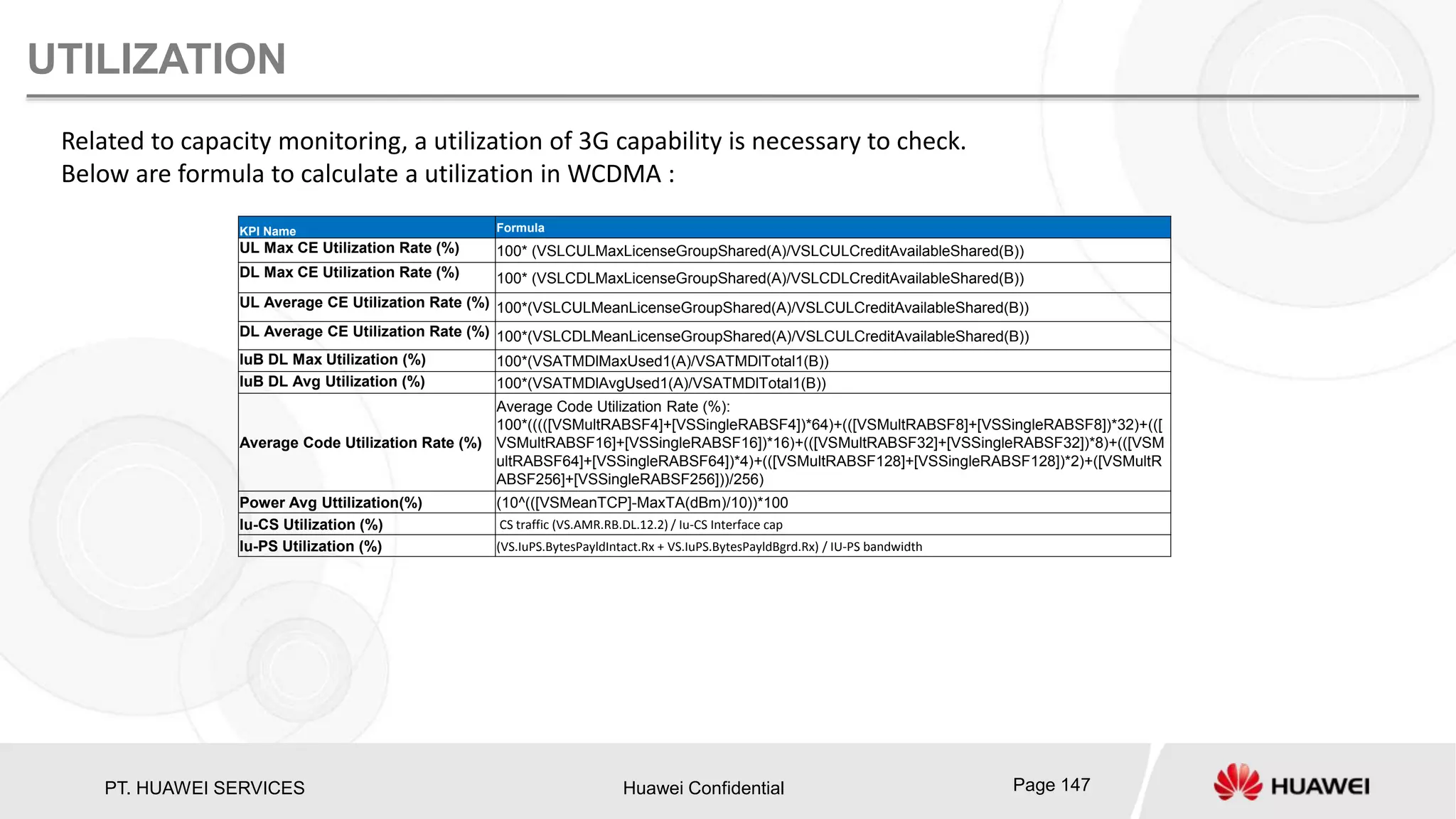 PT. HUAWEI SERVICES Huawei Confidential Page 147
UTILIZATION
Related to capacity monitoring, a utilization of 3G capability is necessary to check.
Below are formula to calculate a utilization in WCDMA :
KPI Name Formula
UL Max CE Utilization Rate (%) 100* (VSLCULMaxLicenseGroupShared(A)/VSLCULCreditAvailableShared(B))
DL Max CE Utilization Rate (%) 100* (VSLCDLMaxLicenseGroupShared(A)/VSLCDLCreditAvailableShared(B))
UL Average CE Utilization Rate (%) 100*(VSLCULMeanLicenseGroupShared(A)/VSLCULCreditAvailableShared(B))
DL Average CE Utilization Rate (%) 100*(VSLCDLMeanLicenseGroupShared(A)/VSLCULCreditAvailableShared(B))
IuB DL Max Utilization (%) 100*(VSATMDlMaxUsed1(A)/VSATMDlTotal1(B))
IuB DL Avg Utilization (%) 100*(VSATMDlAvgUsed1(A)/VSATMDlTotal1(B))
Average Code Utilization Rate (%)
Average Code Utilization Rate (%):
100*(((([VSMultRABSF4]+[VSSingleRABSF4])*64)+(([VSMultRABSF8]+[VSSingleRABSF8])*32)+(([
VSMultRABSF16]+[VSSingleRABSF16])*16)+(([VSMultRABSF32]+[VSSingleRABSF32])*8)+(([VSM
ultRABSF64]+[VSSingleRABSF64])*4)+(([VSMultRABSF128]+[VSSingleRABSF128])*2)+([VSMultR
ABSF256]+[VSSingleRABSF256]))/256)
Power Avg Uttilization(%) (10^(([VSMeanTCP]-MaxTA(dBm)/10))*100
Iu-CS Utilization (%) CS traffic (VS.AMR.RB.DL.12.2) / Iu-CS Interface cap
Iu-PS Utilization (%) (VS.IuPS.BytesPayldIntact.Rx + VS.IuPS.BytesPayldBgrd.Rx) / IU-PS bandwidth
 