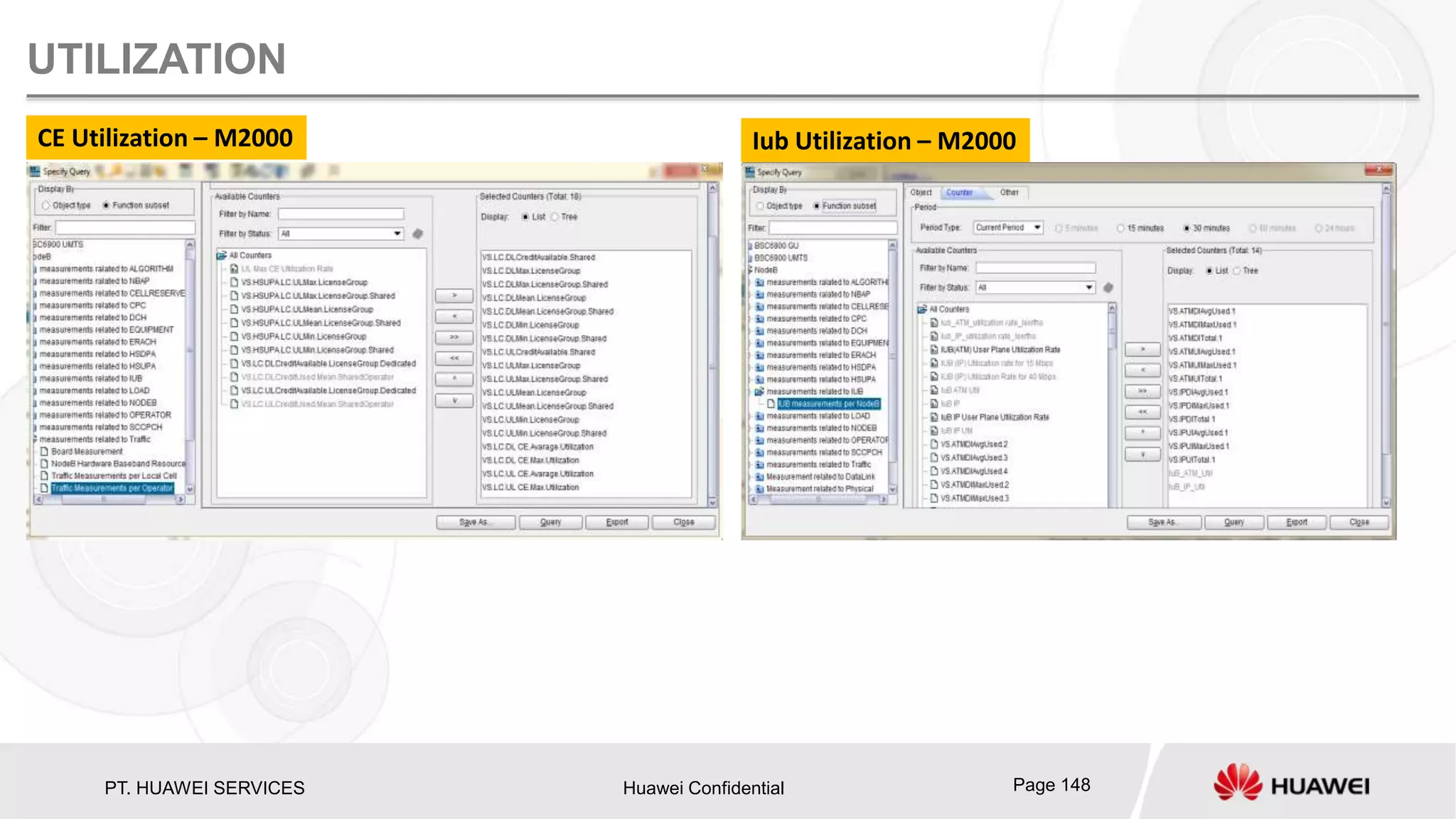 PT. HUAWEI SERVICES Huawei Confidential Page 148
UTILIZATION
CE Utilization – M2000 Iub Utilization – M2000
 