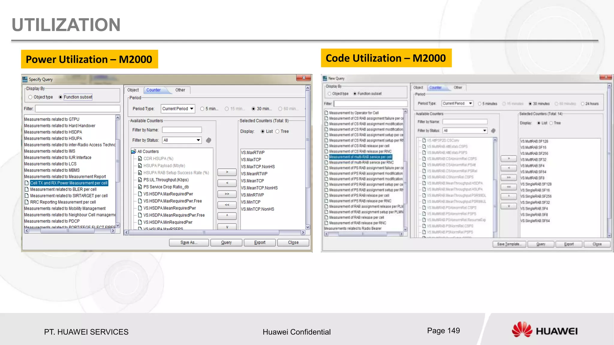 PT. HUAWEI SERVICES Huawei Confidential Page 149
UTILIZATION
Power Utilization – M2000 Code Utilization – M2000
 