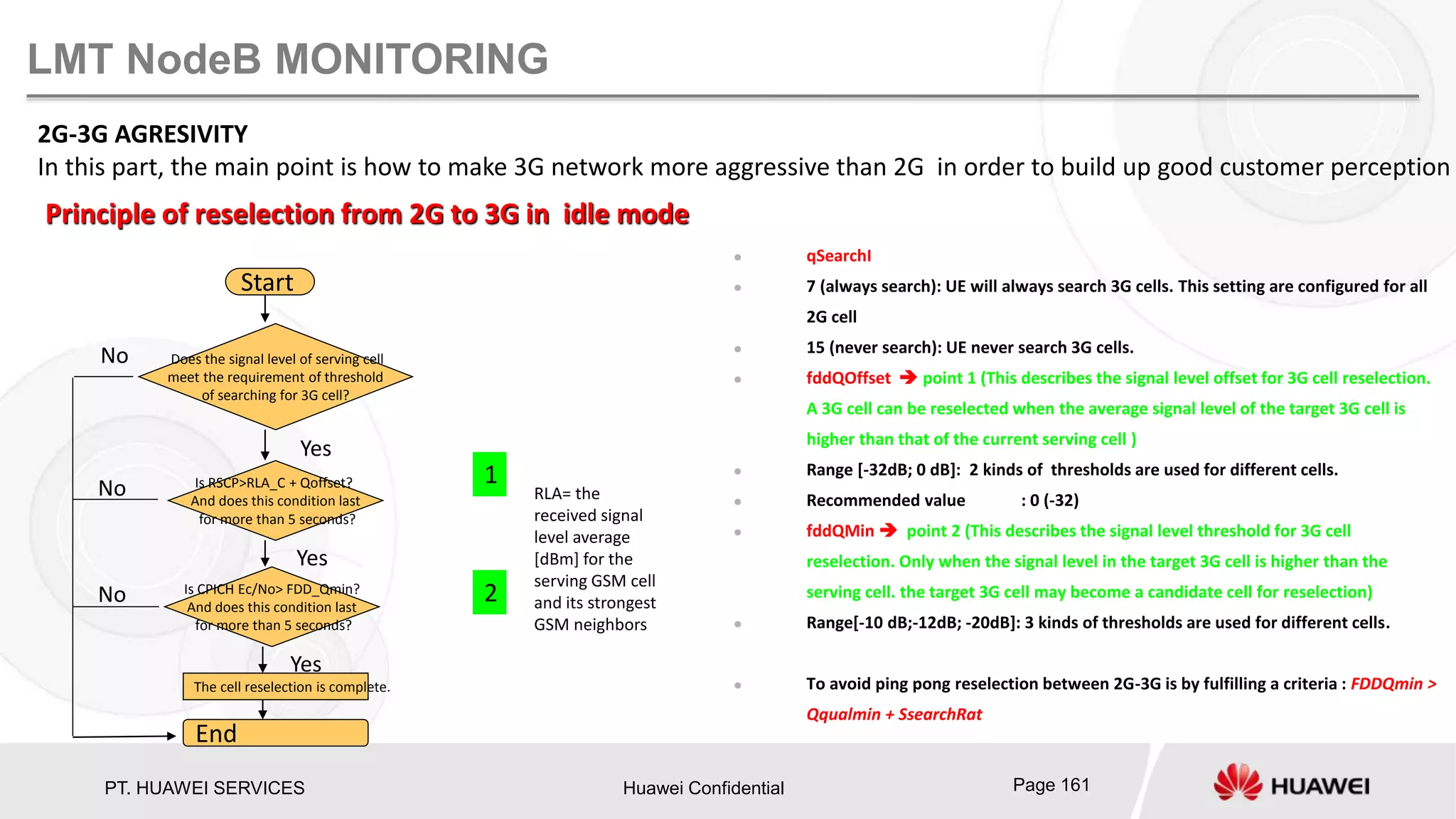 PT. HUAWEI SERVICES Huawei Confidential Page 161
LMT NodeB MONITORING
2G-3G AGRESIVITY
In this part, the main point is how to make 3G network more aggressive than 2G in order to build up good customer perception
Principle of reselection from 2G to 3G in idle mode
Yes
Yes
Yes
Does the signal level of serving cell
meet the requirement of threshold
of searching for 3G cell?
Is RSCP>RLA_C + Qoffset?
And does this condition last
for more than 5 seconds?
Start
Is CPICH Ec/No> FDD_Qmin?
And does this condition last
for more than 5 seconds?
The cell reselection is complete.
End
No
No
No
RLA= the
received signal
level average
[dBm] for the
serving GSM cell
and its strongest
GSM neighbors
1
2
 qSearchI
 7 (always search): UE will always search 3G cells. This setting are configured for all
2G cell
 15 (never search): UE never search 3G cells.
 fddQOffset  point 1 (This describes the signal level offset for 3G cell reselection.
A 3G cell can be reselected when the average signal level of the target 3G cell is
higher than that of the current serving cell )
 Range [-32dB; 0 dB]: 2 kinds of thresholds are used for different cells.
 Recommended value : 0 (-32)
 fddQMin  point 2 (This describes the signal level threshold for 3G cell
reselection. Only when the signal level in the target 3G cell is higher than the
serving cell. the target 3G cell may become a candidate cell for reselection)
 Range[-10 dB;-12dB; -20dB]: 3 kinds of thresholds are used for different cells.
 To avoid ping pong reselection between 2G-3G is by fulfilling a criteria : FDDQmin >
Qqualmin + SsearchRat
 