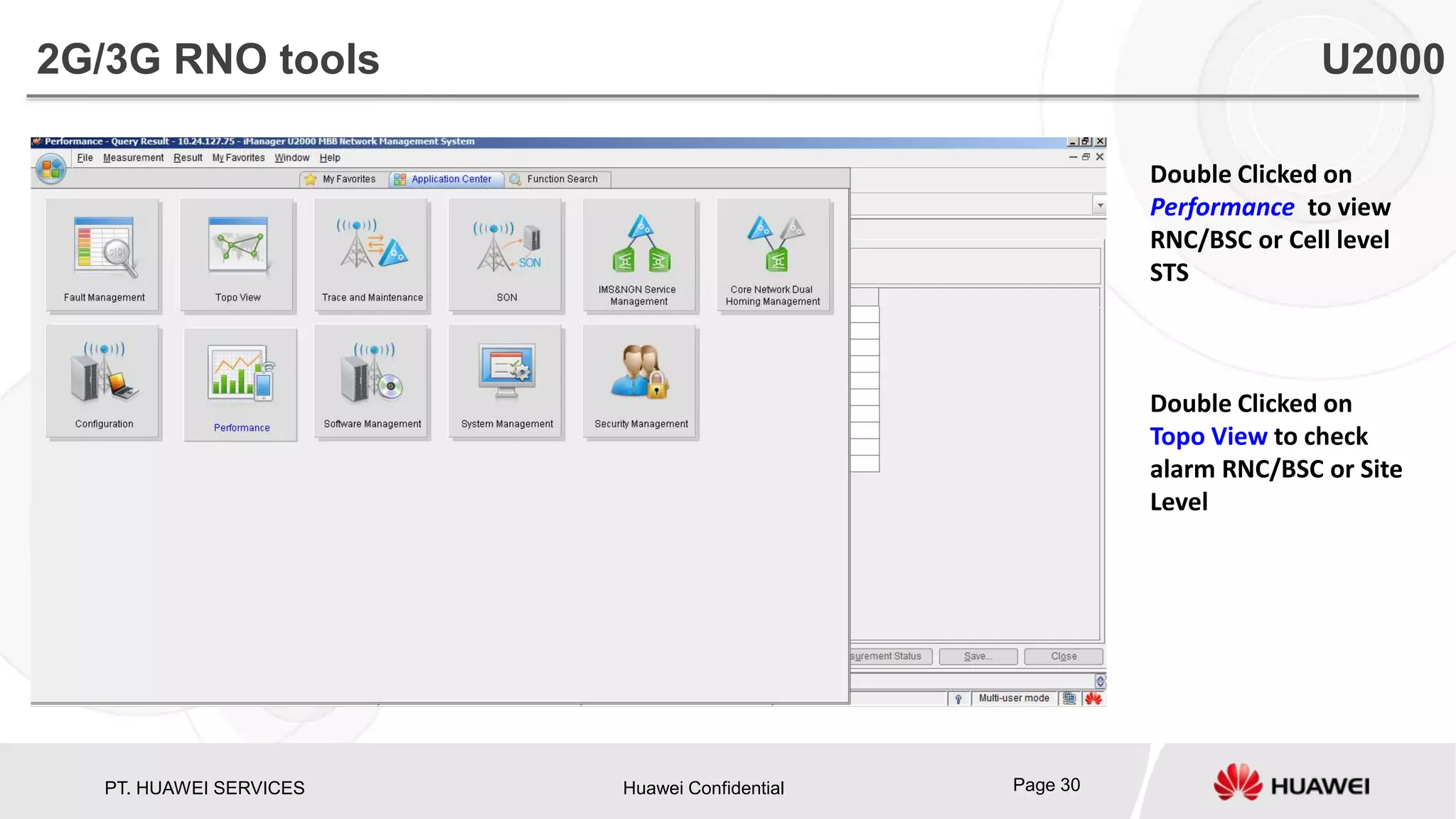 PT. HUAWEI SERVICES Huawei Confidential Page 30
2G/3G RNO tools U2000
Double Clicked on
Performance to view
RNC/BSC or Cell level
STS
Double Clicked on
Topo View to check
alarm RNC/BSC or Site
Level
 