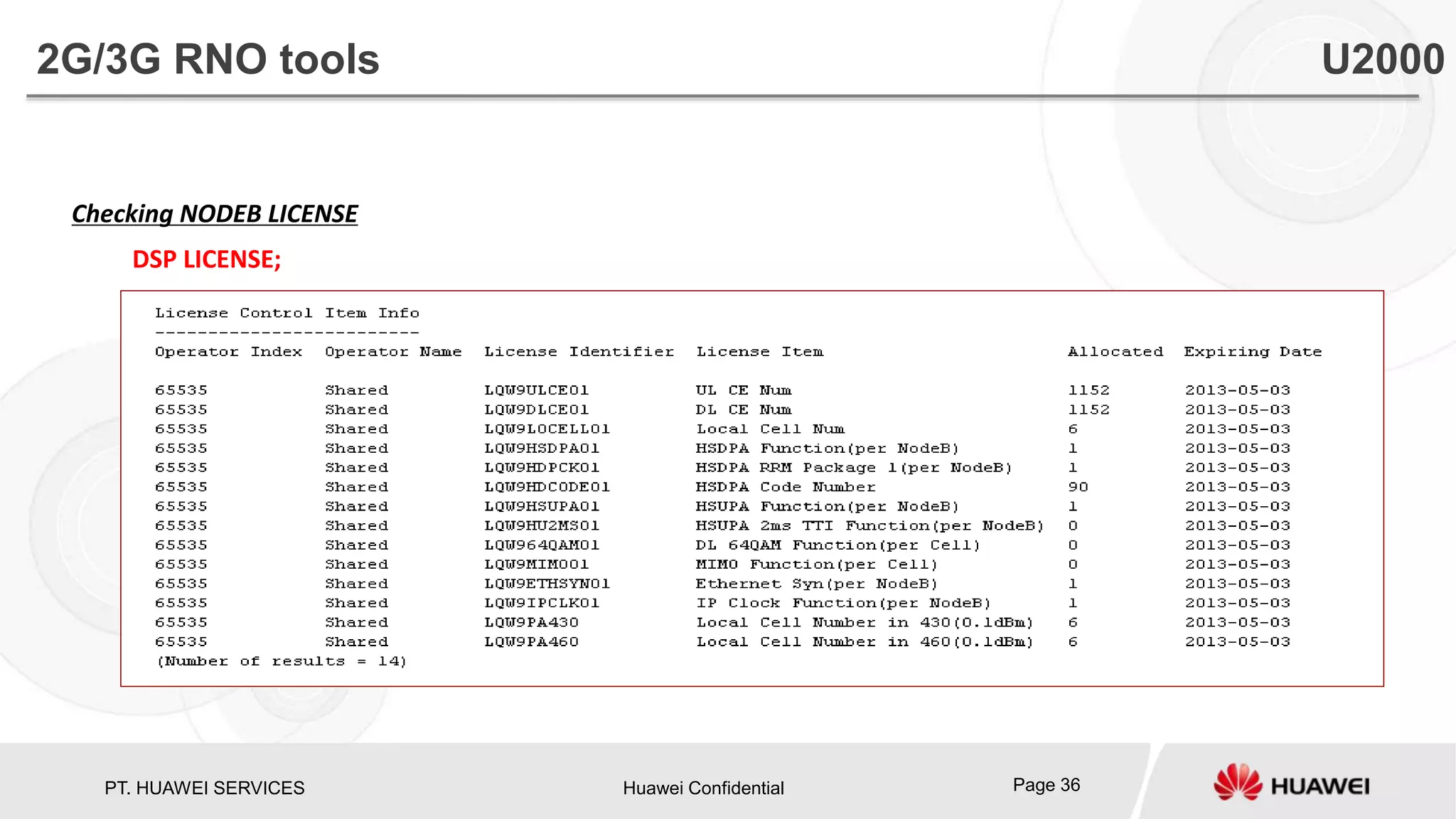 PT. HUAWEI SERVICES Huawei Confidential Page 36
Checking NODEB LICENSE
DSP LICENSE;
2G/3G RNO tools U2000
 