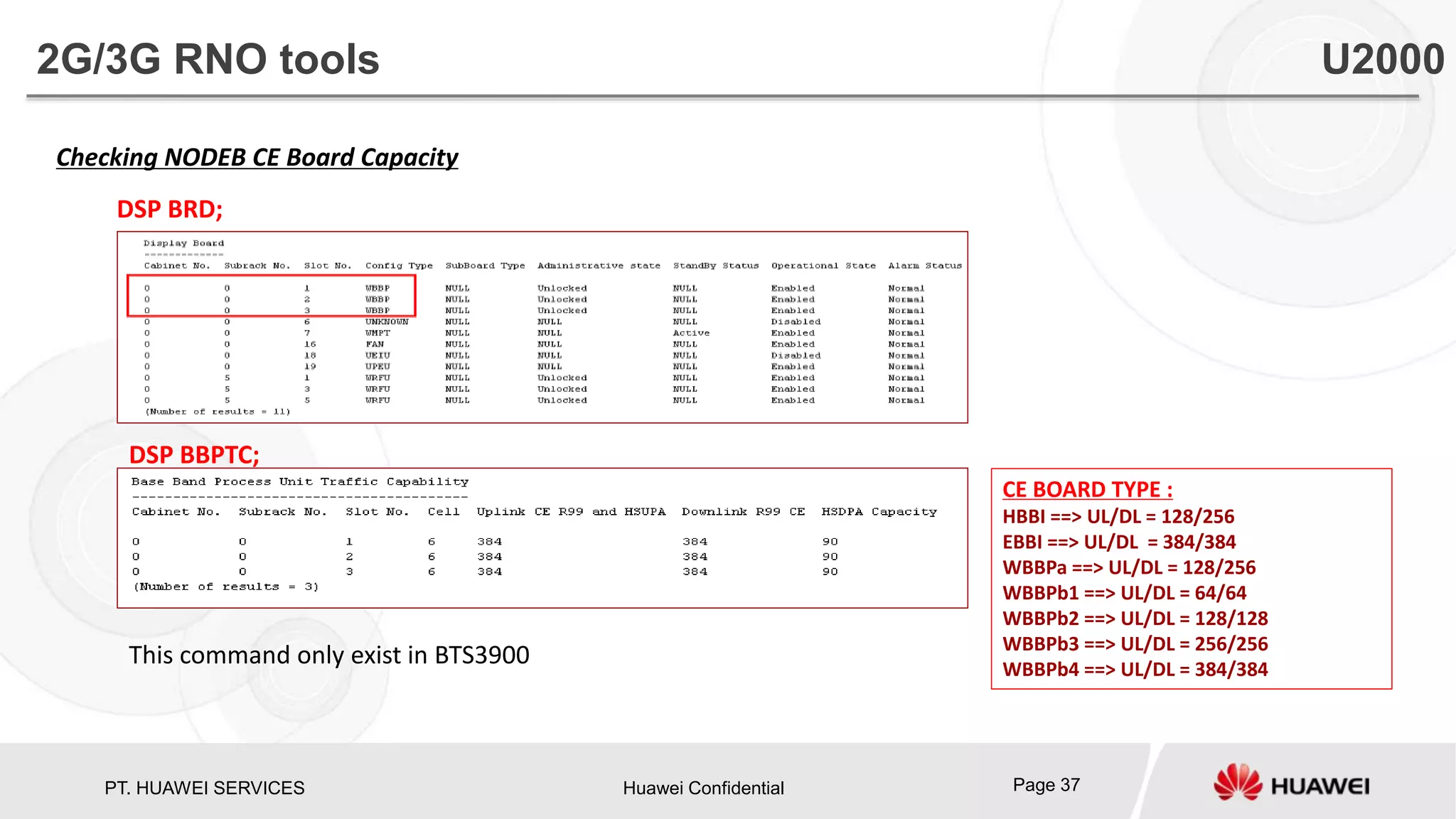 PT. HUAWEI SERVICES Huawei Confidential Page 37
Checking NODEB CE Board Capacity
DSP BRD;
DSP BBPTC;
This command only exist in BTS3900
CE BOARD TYPE :
HBBI ==> UL/DL = 128/256
EBBI ==> UL/DL = 384/384
WBBPa ==> UL/DL = 128/256
WBBPb1 ==> UL/DL = 64/64
WBBPb2 ==> UL/DL = 128/128
WBBPb3 ==> UL/DL = 256/256
WBBPb4 ==> UL/DL = 384/384
2G/3G RNO tools U2000
 