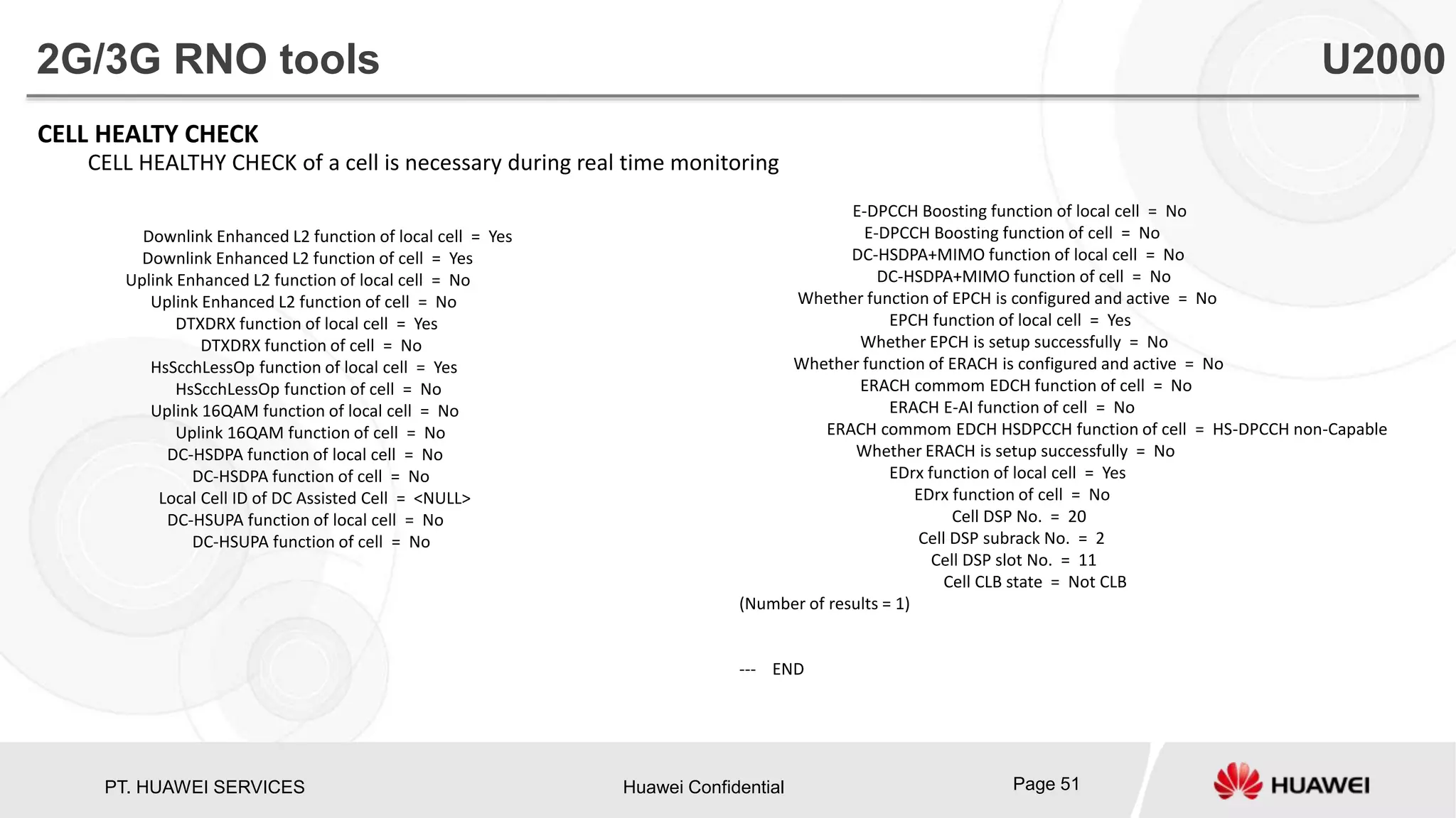 PT. HUAWEI SERVICES Huawei Confidential Page 51
CELL HEALTY CHECK
CELL HEALTHY CHECK of a cell is necessary during real time monitoring
Downlink Enhanced L2 function of local cell = Yes
Downlink Enhanced L2 function of cell = Yes
Uplink Enhanced L2 function of local cell = No
Uplink Enhanced L2 function of cell = No
DTXDRX function of local cell = Yes
DTXDRX function of cell = No
HsScchLessOp function of local cell = Yes
HsScchLessOp function of cell = No
Uplink 16QAM function of local cell = No
Uplink 16QAM function of cell = No
DC-HSDPA function of local cell = No
DC-HSDPA function of cell = No
Local Cell ID of DC Assisted Cell = <NULL>
DC-HSUPA function of local cell = No
DC-HSUPA function of cell = No
2G/3G RNO tools U2000
E-DPCCH Boosting function of local cell = No
E-DPCCH Boosting function of cell = No
DC-HSDPA+MIMO function of local cell = No
DC-HSDPA+MIMO function of cell = No
Whether function of EPCH is configured and active = No
EPCH function of local cell = Yes
Whether EPCH is setup successfully = No
Whether function of ERACH is configured and active = No
ERACH commom EDCH function of cell = No
ERACH E-AI function of cell = No
ERACH commom EDCH HSDPCCH function of cell = HS-DPCCH non-Capable
Whether ERACH is setup successfully = No
EDrx function of local cell = Yes
EDrx function of cell = No
Cell DSP No. = 20
Cell DSP subrack No. = 2
Cell DSP slot No. = 11
Cell CLB state = Not CLB
(Number of results = 1)
--- END
 