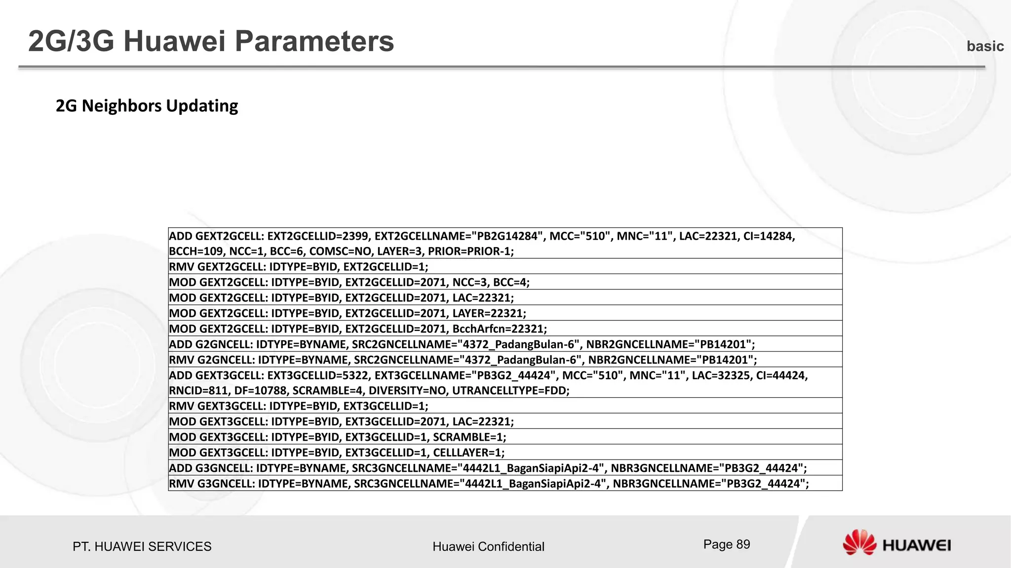 PT. HUAWEI SERVICES Huawei Confidential Page 89
2G/3G Huawei Parameters basic
ADD GEXT2GCELL: EXT2GCELLID=2399, EXT2GCELLNAME="PB2G14284", MCC="510", MNC="11", LAC=22321, CI=14284,
BCCH=109, NCC=1, BCC=6, COMSC=NO, LAYER=3, PRIOR=PRIOR-1;
RMV GEXT2GCELL: IDTYPE=BYID, EXT2GCELLID=1;
MOD GEXT2GCELL: IDTYPE=BYID, EXT2GCELLID=2071, NCC=3, BCC=4;
MOD GEXT2GCELL: IDTYPE=BYID, EXT2GCELLID=2071, LAC=22321;
MOD GEXT2GCELL: IDTYPE=BYID, EXT2GCELLID=2071, LAYER=22321;
MOD GEXT2GCELL: IDTYPE=BYID, EXT2GCELLID=2071, BcchArfcn=22321;
ADD G2GNCELL: IDTYPE=BYNAME, SRC2GNCELLNAME="4372_PadangBulan-6", NBR2GNCELLNAME="PB14201";
RMV G2GNCELL: IDTYPE=BYNAME, SRC2GNCELLNAME="4372_PadangBulan-6", NBR2GNCELLNAME="PB14201";
ADD GEXT3GCELL: EXT3GCELLID=5322, EXT3GCELLNAME="PB3G2_44424", MCC="510", MNC="11", LAC=32325, CI=44424,
RNCID=811, DF=10788, SCRAMBLE=4, DIVERSITY=NO, UTRANCELLTYPE=FDD;
RMV GEXT3GCELL: IDTYPE=BYID, EXT3GCELLID=1;
MOD GEXT3GCELL: IDTYPE=BYID, EXT3GCELLID=2071, LAC=22321;
MOD GEXT3GCELL: IDTYPE=BYID, EXT3GCELLID=1, SCRAMBLE=1;
MOD GEXT3GCELL: IDTYPE=BYID, EXT3GCELLID=1, CELLLAYER=1;
ADD G3GNCELL: IDTYPE=BYNAME, SRC3GNCELLNAME="4442L1_BaganSiapiApi2-4", NBR3GNCELLNAME="PB3G2_44424";
RMV G3GNCELL: IDTYPE=BYNAME, SRC3GNCELLNAME="4442L1_BaganSiapiApi2-4", NBR3GNCELLNAME="PB3G2_44424";
2G Neighbors Updating
 
