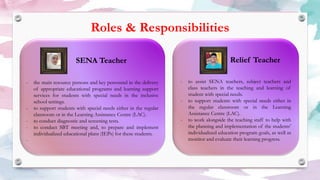 Roles & Responsibilities
SENA Teacher
- the main resource persons and key personnel in the delivery
of appropriate educational programs and learning support
services for students with special needs in the inclusive
school settings.
- to support students with special needs either in the regular
classroom or in the Learning Assistance Centre (LAC).
- to conduct diagnostic and screening tests.
- to conduct SBT meeting and, to prepare and implement
individualized educational plans (IEPs) for these students.
-
Relief Teacher
- to assist SENA teachers, subject teachers and
class teachers in the teaching and learning of
student with special needs.
- to support students with special needs either in
the regular classroom or in the Learning
Assistance Centre (LAC).
- to work alongside the teaching staff to help with
the planning and implementation of the students’
individualized education program goals, as well as
monitor and evaluate their learning progress.
 
