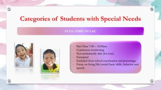 Categories of Students with Special Needs
- Part-Time 7.00 – 10.00am
- Continuous monitoring.
- Not academically able (for now).
- Exempted
- Excluded from school examination and percentage.
- Focus on living/life/social/basic skills, behavior and
speech.
 