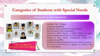 Categories of Students with Special Needs
- Full-Time 7.00 – 12.30pm.
- Continuous monitoring.
- Excluded in school examination and percentage.
- Pull-Out System will be implemented.
- Assisted by SENA Teacher or Relief Teacher in regular
classroom during normal lesson or tests/examinations.
- Entitled to have Access Arrangements during tests,
examinations and PSR.
- Modified and differentiated school works, activities, questions.
- Seat can be at the front row or appoint one buddy to help
them in all matters.
We are no different.
We just have certain special differences.
 