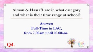 Aiman & Hasraff are in what category
and what is their time range at school?
Q4.
 