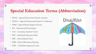 Special Education Terms (Abbreviation)
• SENA – Special Educational Needs Assistant
• SENCo – Special Educational Needs Co-Ordinator
• SNSS – Special Beeds Support Service
• EP – Educational Psychologist
• LAC – Learning Assistant Center
• IEP – Individual Education Plan
• SBT – School Based Team
• SPM – School Placement Meeting
• CDC – Child Development Center
•
 