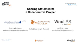 Sharing Statements:
a Collaborative Project
Andrew Downes
andrew.downes@tincanapi.com
hello@learninglocker.net Ali Shahrazad
ali.shahrazad@saltbox.com
 