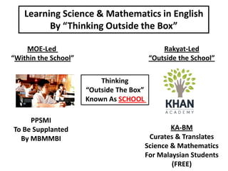 Learning Science & Mathematics in English
          By “Thinking Outside the Box”

    MOE-Led                                    Rakyat-Led
“Within the School”                        “Outside the School”


                          Thinking
                      “Outside The Box”
                      Known As SCHOOL

     PPSMI
To Be Supplanted                                  KA-BM
  By MBMMBI                                Curates & Translates
                                          Science & Mathematics
                                          For Malaysian Students
                                                  (FREE)
 