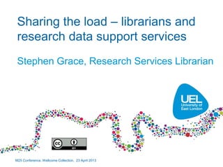 Sharing the load – librarians and
research data support services
Stephen Grace, Research Services Librarian
M25 Conference, Wellcome Collection, 23 April 2013
 