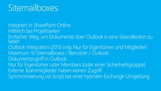 Integriert in SharePoint Online
Hilfreich bei Projektseiten
Einfacher Weg, um Dokumente über Outlook in eine Sitecollection zu
laden
Outlook Integration (2013 only, Nur für Eigentümer und Mitglieder)
Maximum 10 Sitemailboxes / Benutzer / Outlook
Dokumentzugriff in Outlook
Nur für Eigentümer oder Members (oder einer Sicherheitsgruppe)
Externe Teammitglieder haben keinen Zugriff
Synchronisierung via Script bei einer hybriden Exchange Umgebung
Sitemailboxes
 