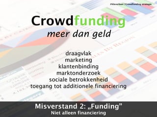 Crowdfunding 
meer dan geld 
draagvlak 
marketing 
klantenbinding 
marktonderzoek 
sociale betrokkenheid 
toegang tot additionele financiering 
Misverstand 2: „Funding” 
Niet alleen financiering 
@kleverlaan | Crowdfunding strategie 
 