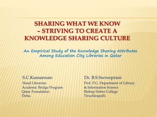 SHARING WHAT WE KNOW 
– STRIVING TO CREATE A 
KNOWLEDGE SHARING CULTURE 
An Empirical Study of the Knowledge Sharing Attributes 
Among Education City Libraries in Qatar 
S.C.Kumaresan Dr. B.S.Swrooprani 
Head Librarian Prof. P.G. Department of Library 
Academic Bridge Program & Information Science 
Qatar Foundation Bishop Heber College 
Doha. Tiruchirapalli. 
 