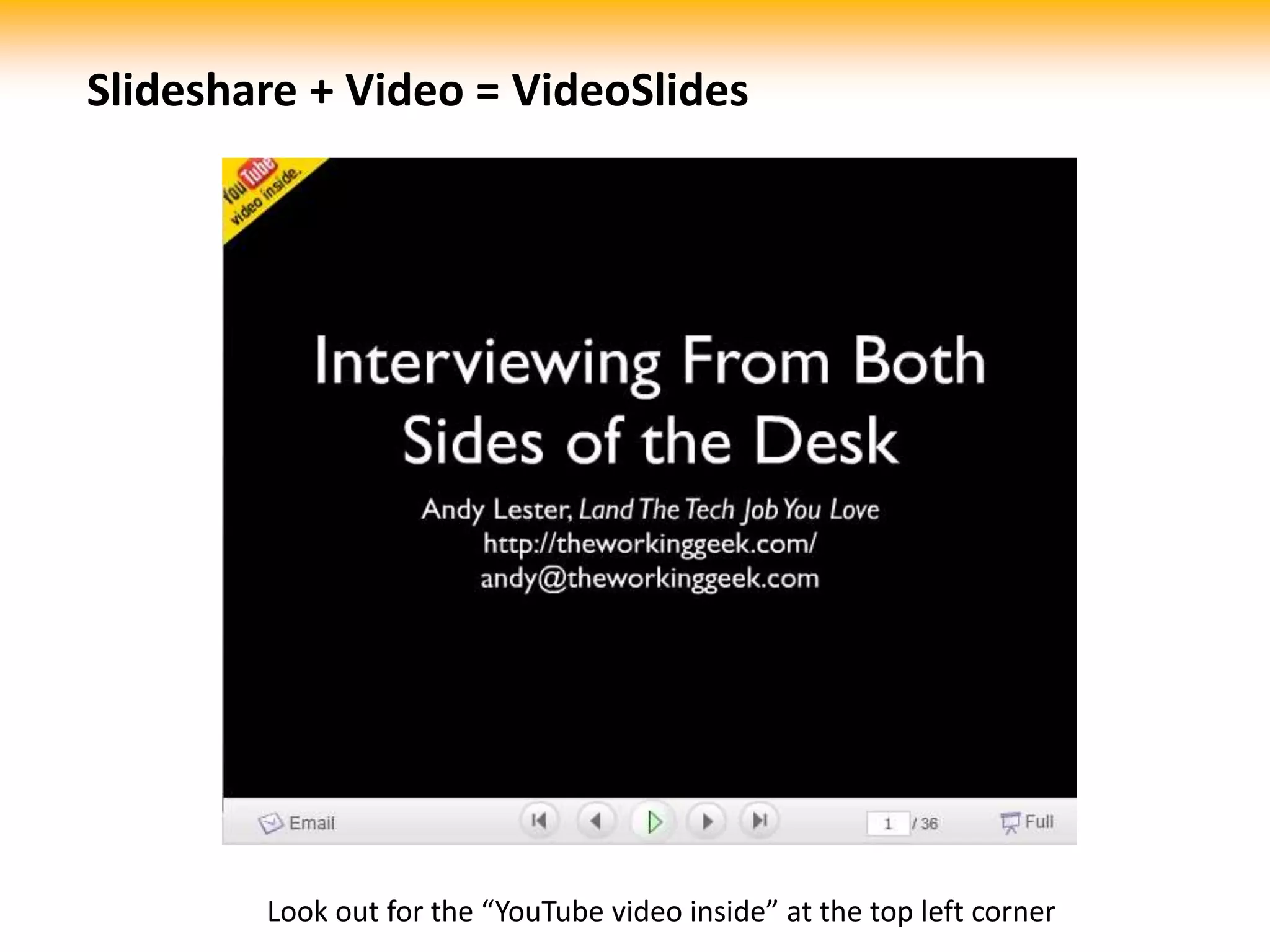 Slideshare + Video = VideoSlidesLook out for the “YouTube video inside” at the top left corner