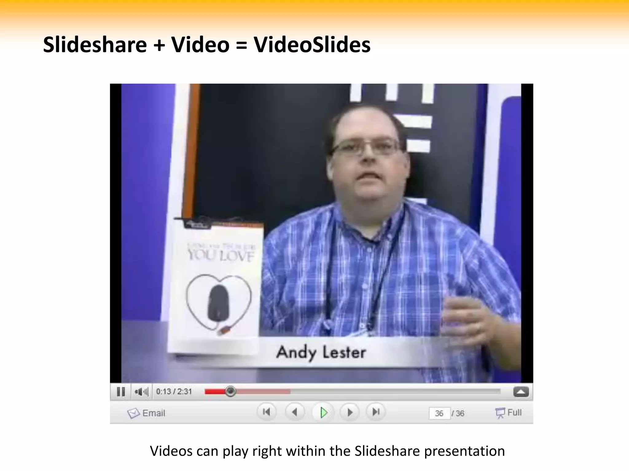 Slideshare + Video = VideoSlidesVideos can play right within the Slideshare presentation