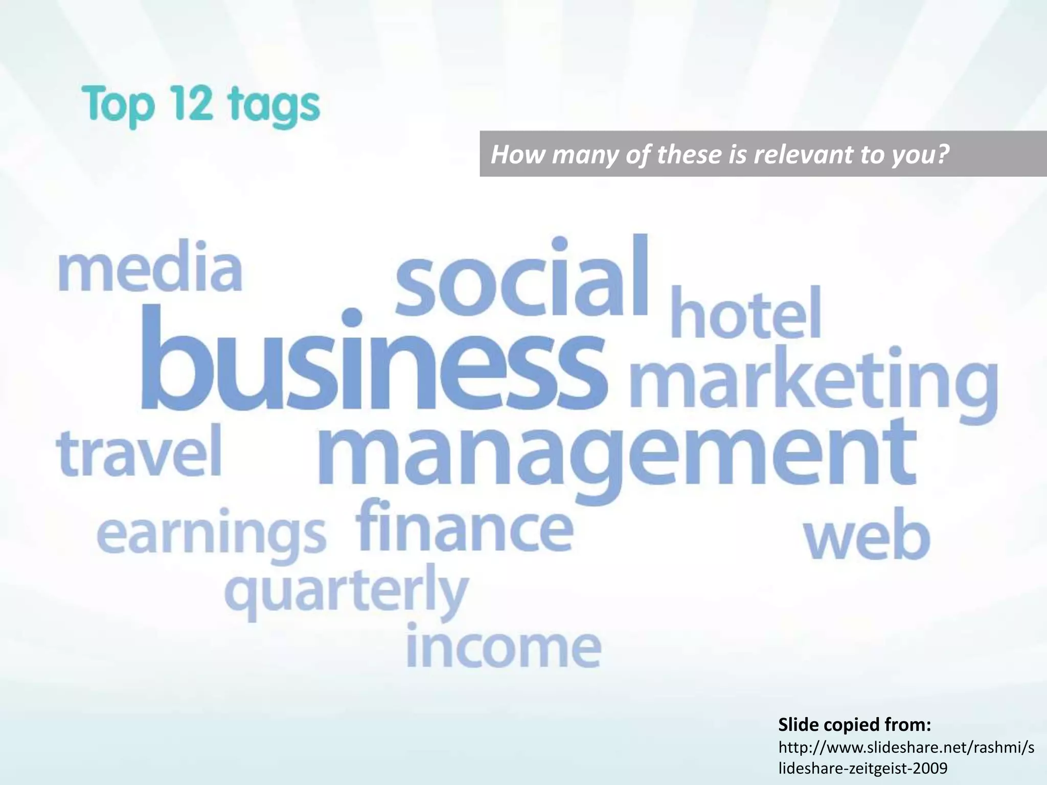 How many of these is relevant to you?Slide copied from:http://www.slideshare.net/rashmi/slideshare-zeitgeist-2009