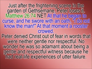 Just after the frightening scene in the
   garden of Gethsemane, Peter loses it.
  Matthew 26:74 NET At that he began to
curse, and he swore with an oath, "I do not
 know the man!" At that moment a rooster
                   crowed.
Peter denied Christ out of fear in words that
   were neither gentle nor respectful. No
 wonder he was so adamant about being a
 gentle and respectful witness because he
  had real-life experiences of utter failure.
 