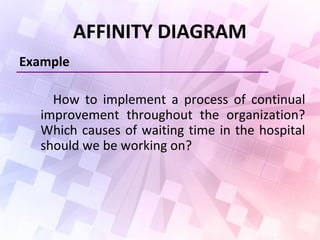 AFFINITY DIAGRAM
Example
How to implement a process of continual
improvement throughout the organization?
Which causes of waiting time in the hospital
should we be working on?
 