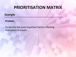 PRIORITISATION MATRIX
Example
Problem
To identify the most important factors effecting
motivation in a team
 