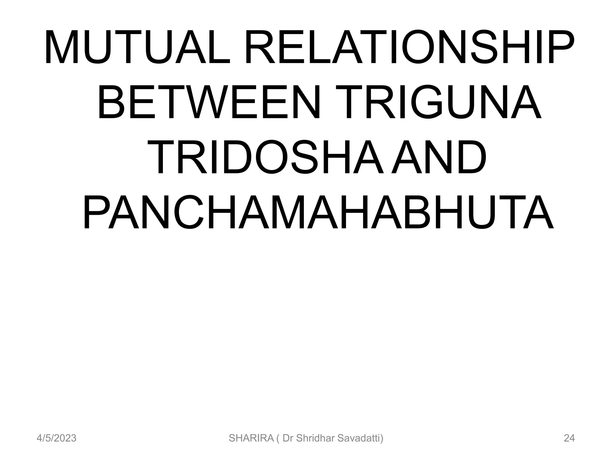 MUTUAL RELATIONSHIP
BETWEEN TRIGUNA
TRIDOSHA AND
PANCHAMAHABHUTA
4/5/2023 SHARIRA ( Dr Shridhar Savadatti) 24
 