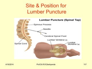 4/16/2014 Prof.Dr.R.R.Deshpande 117
Site & Position for
Lumber Puncture
 