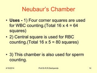Neubaur’s Chamber
• Uses - 1) Four corner squares are used
for WBC counting.(Total 16 x 4 = 64
squares)
• 2) Central square is used for RBC
counting.(Total 16 x 5 = 80 squares)
• 3) This chamber is also used for sperm
counting.
4/16/2014 14Prof.Dr.R.R.Deshpande
 