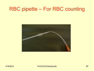 4/16/2014 Prof.Dr.R.R.Deshpande 814/16/2014 81
RBC pipette – For RBC counting
 