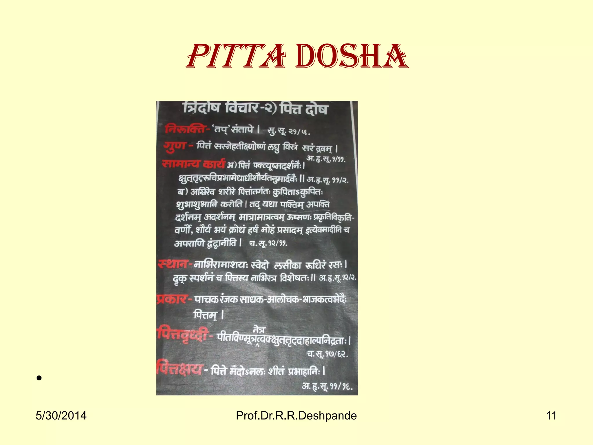 5/30/2014 Prof.Dr.R.R.Deshpande 11
PITTA Dosha
•
 