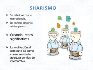  Se relaciona con la
neurociencia.
 Las neuronas comparten
señales químicas
 Creando redes
significativas
 La motivación al
compartir da como
consecuencia la
apertura de vías de
intercambio.
 