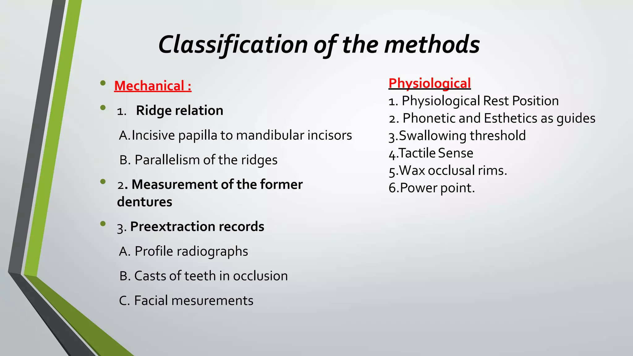 Classification of the methods
• Mechanical :
• 1. Ridge relation
A.Incisive papilla to mandibular incisors
B. Parallelism of the ridges
• 2. Measurement of the former
dentures
• 3. Preextraction records
A. Profile radiographs
B. Casts of teeth in occlusion
C. Facial mesurements
Physiological
1. Physiological Rest Position
2. Phonetic and Esthetics as guides
3.Swallowing threshold
4.TactileSense
5.Wax occlusal rims.
6.Power point.
 