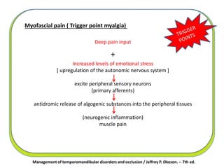 Management of temporomandibular disorders and occlusion / Jeffrey P. Okeson. -- 7th ed.
Myofascial pain ( Trigger point myalgia)
Deep pain input
+
Increased levels of emotional stress
[ upregulation of the autonomic nervous system ]
excite peripheral sensory neurons
(primary afferents)
antidromic release of algogenic substances into the peripheral tissues
(neurogenic inflammation)
muscle pain
 