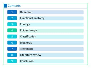 2
Contents
1
2
3
4
5
6
7
Definition
Functional anatomy
Etiology
Epidemiology
Classification
Diagnosis
Treatment
8 Literature review
9 Conclusion
 