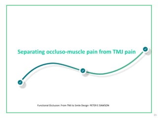 Separating occluso-muscle pain from TMJ pain
23
Functional Occlusion: From TMJ to Smile Design- PETER E DAWSON
 
