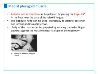 • Anterior part of insertion can be palpated by placing the finger 45°
in the floor near the base of the relaxed tongue.
• The opposite hand can be used extraorally to palpate posterior
and inferior portions of insertion.
• Body of the muscle can be palpated by rotating the index finger
upwards against the muscle to near its orgin on the tuberosity
27
Medial pterygoid muscle
 